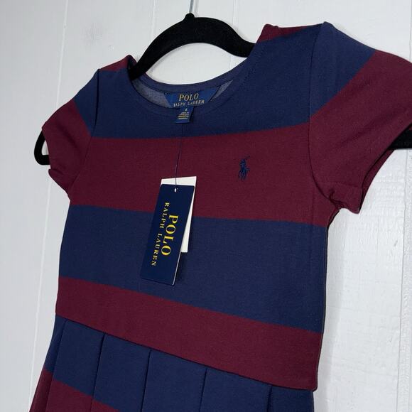POLO Ralph Lauren Girl’s Striped Pleated Dress Burgundy Navy Size 6 NWT - Picture 3 of 5